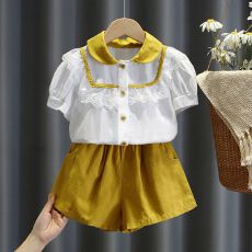 批发<b class='q'>女</b><b class='q'>童</b>小香风短袖<b class='q'>套装</b>夏季儿童洋气花边领衬衣时髦短裤公主风两件套