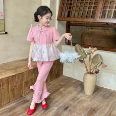 批发女童<b class='q'>拼</b>接套<b class='q'>装</b>2026新款洋气夏季国风新中式短袖荷叶边长<b class='q'>裤</b>两件套潮