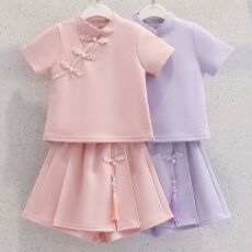 批发<b class='q'>女童</b>国风<b class='q'>套装</b>夏季2026新款洋气儿童新中式盘扣短袖半身<b class='q'>裙裤</b>两件套