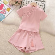 批发<b class='q'>女童</b><b class='q'>两</b>件套夏季2026新款中大童新中式洋气盘扣短袖休闲短<b class='q'>裙裤</b>套装