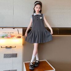 批发女童夏季连衣裙2026新款<b class='q'>儿童</b>学院风POLO领百褶裙洋气背心无袖裙子