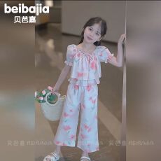 批发<b class='q'>女</b><b class='q'>童</b><b class='q'>碎花</b><b class='q'>泡泡袖套</b>装2026夏季韩版中<b class='q'>大</b><b class='q'>童</b>短袖<b class='q'>衬衫</b>休闲长裤两件套潮