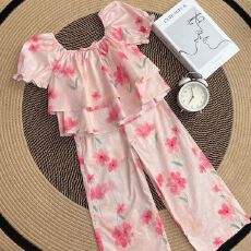 女童夏季套装2026新款公主风洋气儿童泡泡袖碎花衬衫阔腿裤两件套