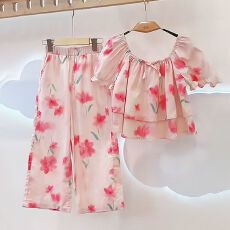 女童夏季小清新短袖套装2026夏季新款甜美公主风洋气碎花阔腿裤潮