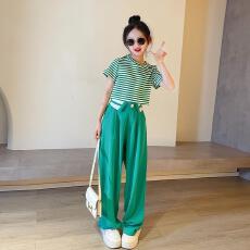 批发<b class='q'>女</b><b class='q'>童</b>套装夏季2026新款洋气时髦条纹上衣中大童宽松休闲裤两件套潮