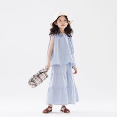 批发<b class='q'>女</b><b class='q'>童</b>无袖套装2026新款夏季小清新无袖上衣中大童洋气拼接裤两件套
