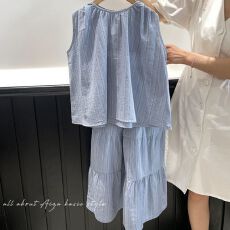 批发<b class='q'>女</b><b class='q'>童</b>夏季套装2026新款韩版儿童夏装中大童浅蓝色无袖阔腿裤两件套