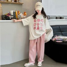 批发<b class='q'>女</b><b class='q'>童</b>短袖t恤套装夏装2026新款儿童宽松中大童薄款休闲裤两件套潮