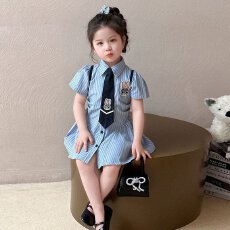 女童POLO领连衣裙2026新款夏季中大童学院风兔子领带条纹衬衫裙夏