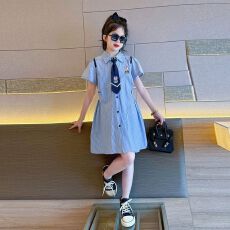 女童连衣裙夏装2026新款中大童韩版POLO领绣花洋气百搭条纹连衣裙