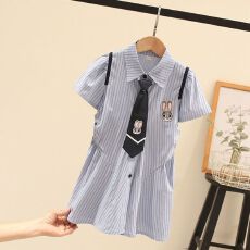 批发<b class='q'>女</b><b class='q'>童</b>裙子夏装2026<b class='q'>童装</b>学院风衬衫裙子洋气时髦儿童条纹衬衫连衣裙
