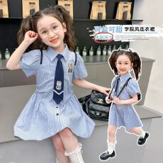 批发<b class='q'>女</b><b class='q'>童</b>条纹连衣裙夏装新款小女孩夏季卡通POLO裙洋气衬衫公主裙