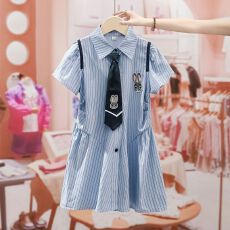 批发<b class='q'>女童</b>条纹<b class='q'>学院</b>风连衣裙2026夏季新款儿童女孩气质卡通小兔刺绣裙子