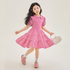 女童连衣裙夏季2026新款洋气中大童女孩甜美Polo领泡泡袖蛋糕长裙