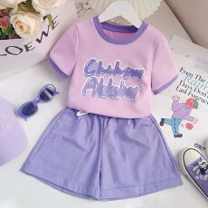 批发<b class='q'>女童</b><b class='q'>套装</b>夏季2026新款中大童时髦印花拼接<b class='q'>短袖</b>薄款休闲裤两件套潮