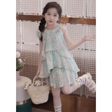 批发<b class='q'>女童</b>碎花<b class='q'>套装</b>2026新款夏季中大童碎花洋气挂脖无袖上衣短裙两件套