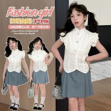 批发<b class='q'>女童</b>无<b class='q'>袖</b>套装2026新款夏季中大童新中式蕾丝边衬衫<b class='q'>半身裙</b>两件套潮