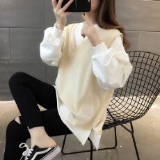 批发官图 米呢25棉75聚酯纤维 春秋新款韩版<b class='q'>大码</b><b class='q'>女装</b>假两件薄款卫衣女