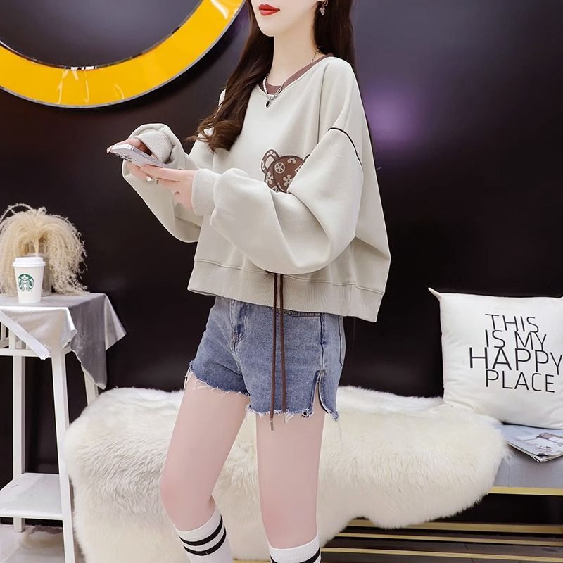 BY36780# 仿棉华棉复合春秋薄款小个子短款圆领宽松卫衣女  服裝批發女裝批發服飾貨源