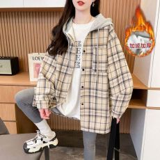 批发实拍 <b class='q'>原</b>布格子复超柔加绒后包领连帽男女同款衬衫卫衣外套