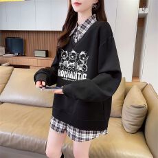 批发实拍后包领斜纹 上衣薄款<b class='q'>POLO</b>领格子假两件卫衣长袖<b class='q'>男</b>女