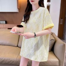 实拍 100棉 提花蕾丝短袖T恤女夏季新款中长款纯棉上衣