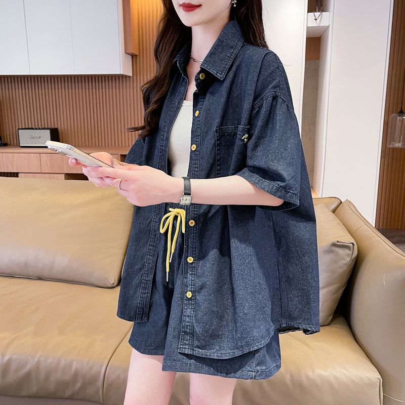 BY26584# 复古甜辣风牛仔衬衫短裤两件套女春夏宽松休闲套装 服裝批發女裝批發服飾貨源
