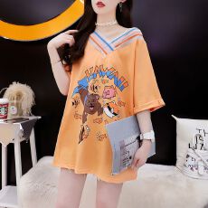 批发6535拉架 夏季新款设计感小众V领宽松短袖T恤女