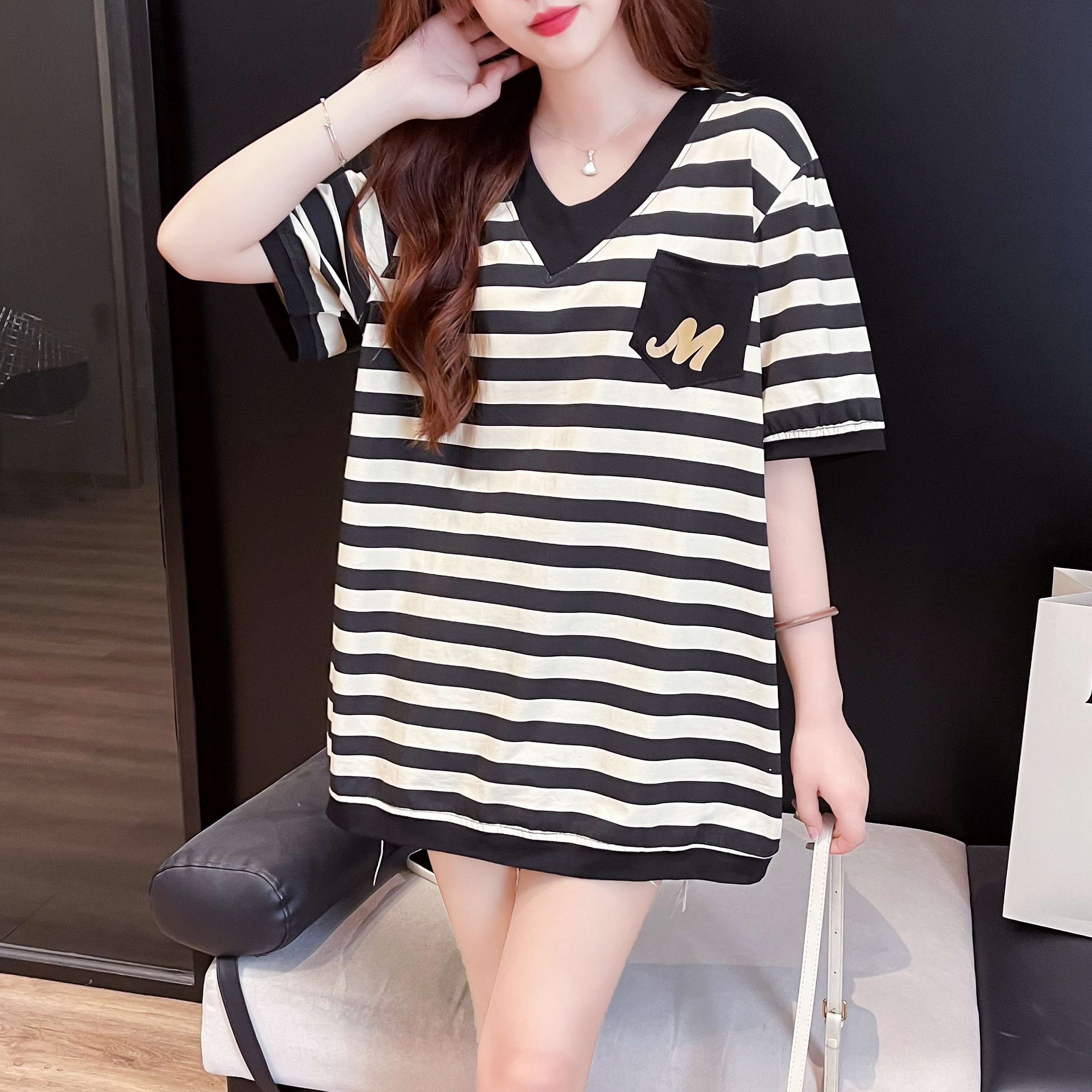 RY1129#夏季新款韩版V领条纹短袖T恤女