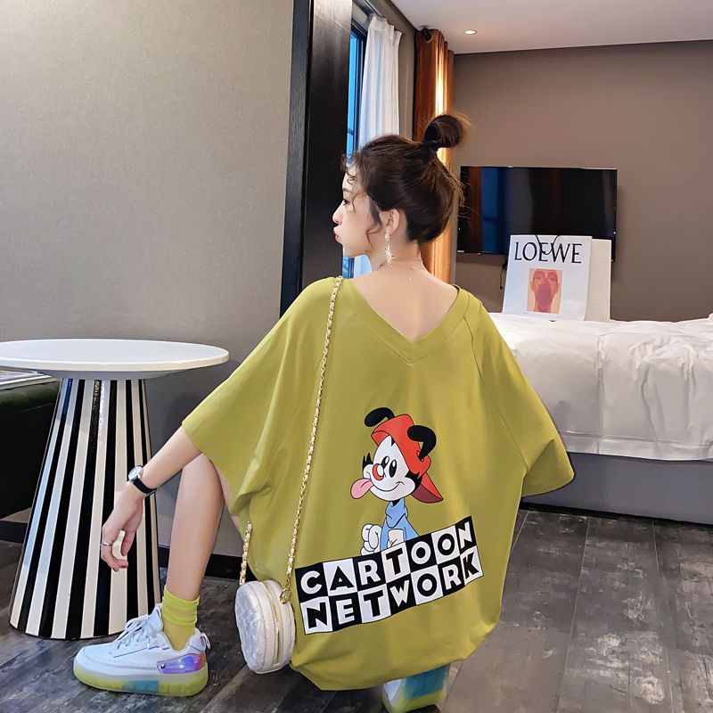 RY1128# 6535拉架 夏季新款V领时尚中长款宽松短袖T恤女