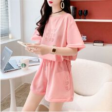 批发6535拉架 大码<b class='q'>韩版</b>刺绣宽松短袖T恤+短裤女两件套潮