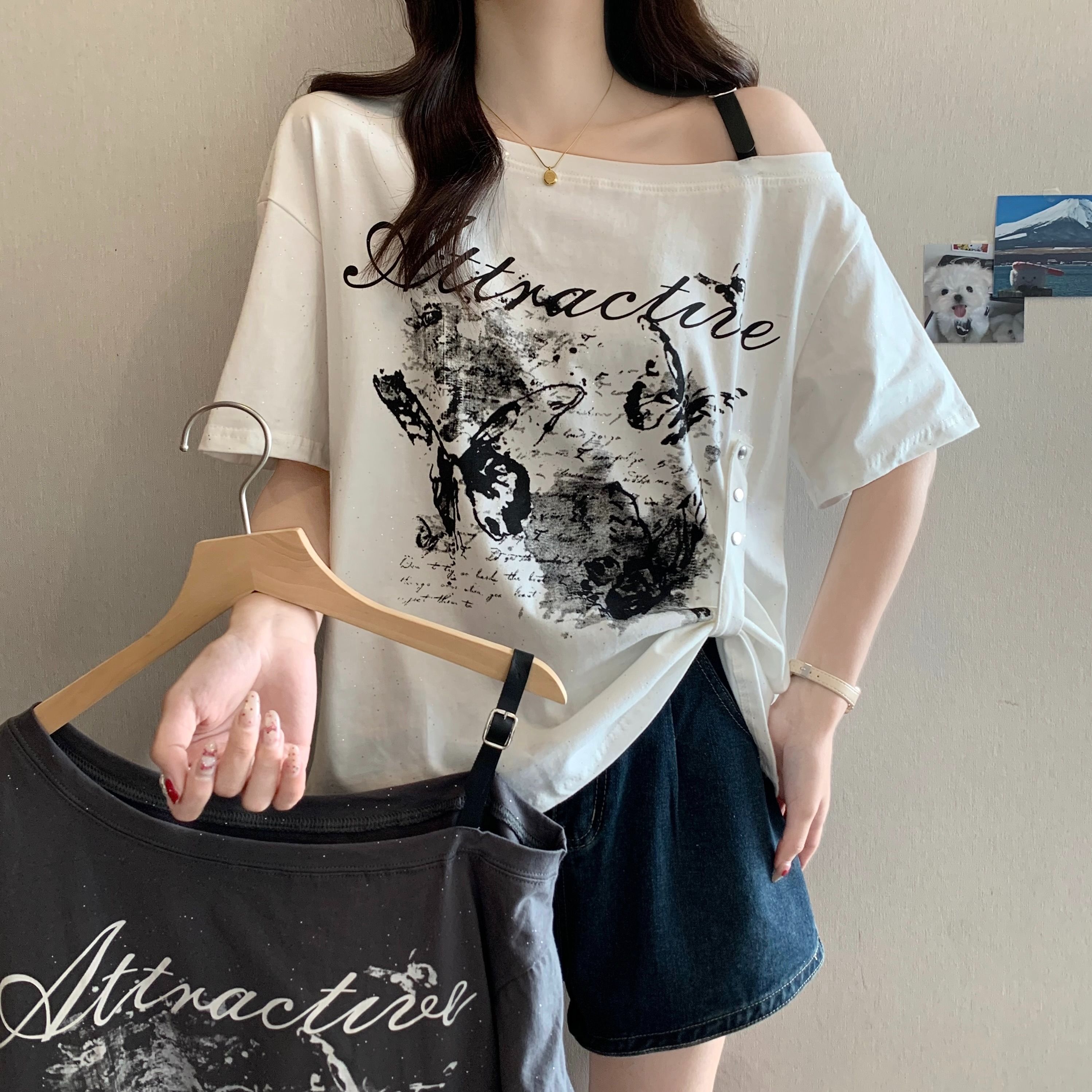 RY1125# 实拍 纯棉 夏季新款斜领露肩设计感短袖上衣