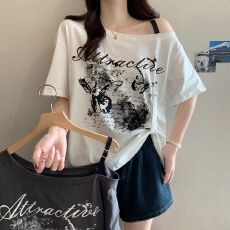 批发实拍 纯棉 夏季新款斜领<b class='q'>露肩</b>设计感短袖<b class='q'>上衣</b>