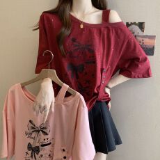 批发实拍 纯棉 夏季新款满天星设计感斜领<b class='q'>露肩</b>短袖<b class='q'>上衣</b>