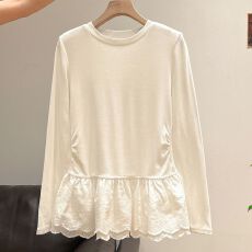 40支仿棉1×1 蕾丝拼接长袖T恤女打底衫上衣