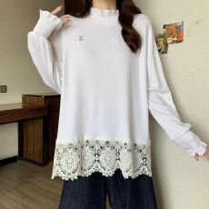 实拍 人棉抓毛加绒 秋冬加绒蕾丝边打底衫长袖T恤女