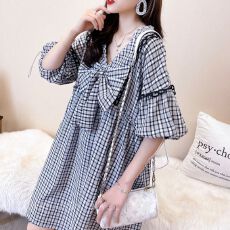 批发<b class='q'>纯棉</b> 夏季新款格子蝴蝶结设计感<b class='q'>连衣裙</b>V领上衣
