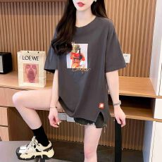 批发实拍 纯棉 夏季新款百搭宽松开叉圆领上衣女潮