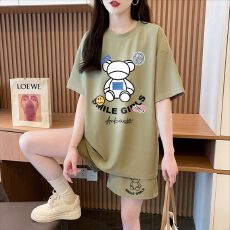 批发100棉 纯棉短袖套装女300斤t恤短裤大码女装两件套