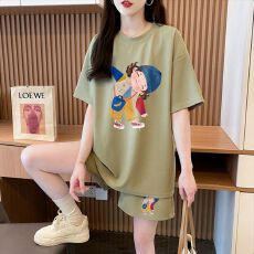 批发100棉 后包领 纯棉短袖套装女300斤t恤短裤大码女装两件套