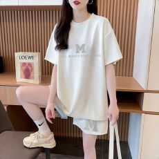 批发100棉 后包领 纯棉短袖套装女300斤t恤短裤大码女装两件套