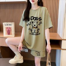 批发100棉 后包领 纯棉短袖套装女300斤t恤短裤大码女装两件套