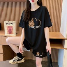 批发100棉 后包领 纯棉短袖套装女300斤t恤短裤大码女装两件套