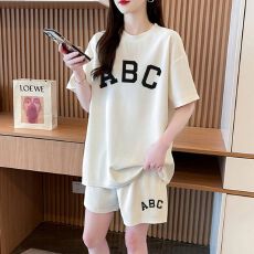 批发100棉 后包领 纯棉短袖套装女t恤短裤大码女装两件套