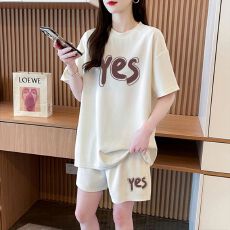 批发100棉 后包领 纯棉短袖套装女300斤t恤短裤大码女装两件套