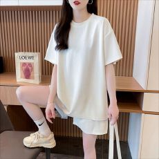 批发100棉 后包领 光板 纯棉短袖女t恤短裤大码女装两件套装