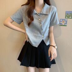 批发短涤纶螺纹2×2  2026夏季<b class='q'>短款</b>不规则开叉polo领短袖T恤上衣