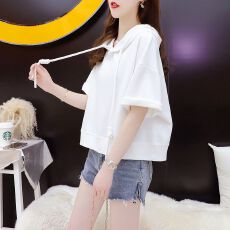 批发100棉 夏季新款纯棉纯色连帽短袖t恤<b class='q'>女</b>大码<b class='q'>女</b>装<b class='q'>卫衣</b>上衣