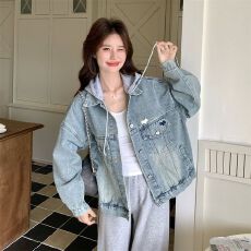 批发牛仔面料 春秋新款韩版撞色刺绣连帽牛仔外套潮