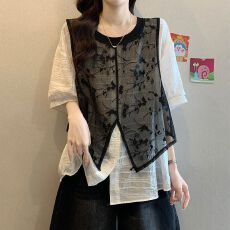 批发原版面料 夏季新中式假两件拼接马甲提花雪纺短袖衬衫